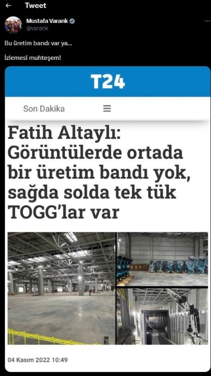 Togg'un üretim tesisini hedef alan Fatih Altaylı'ya Bakan Mustafa Varank'tan gönderme: 'Bu üretim bandı var ya...'